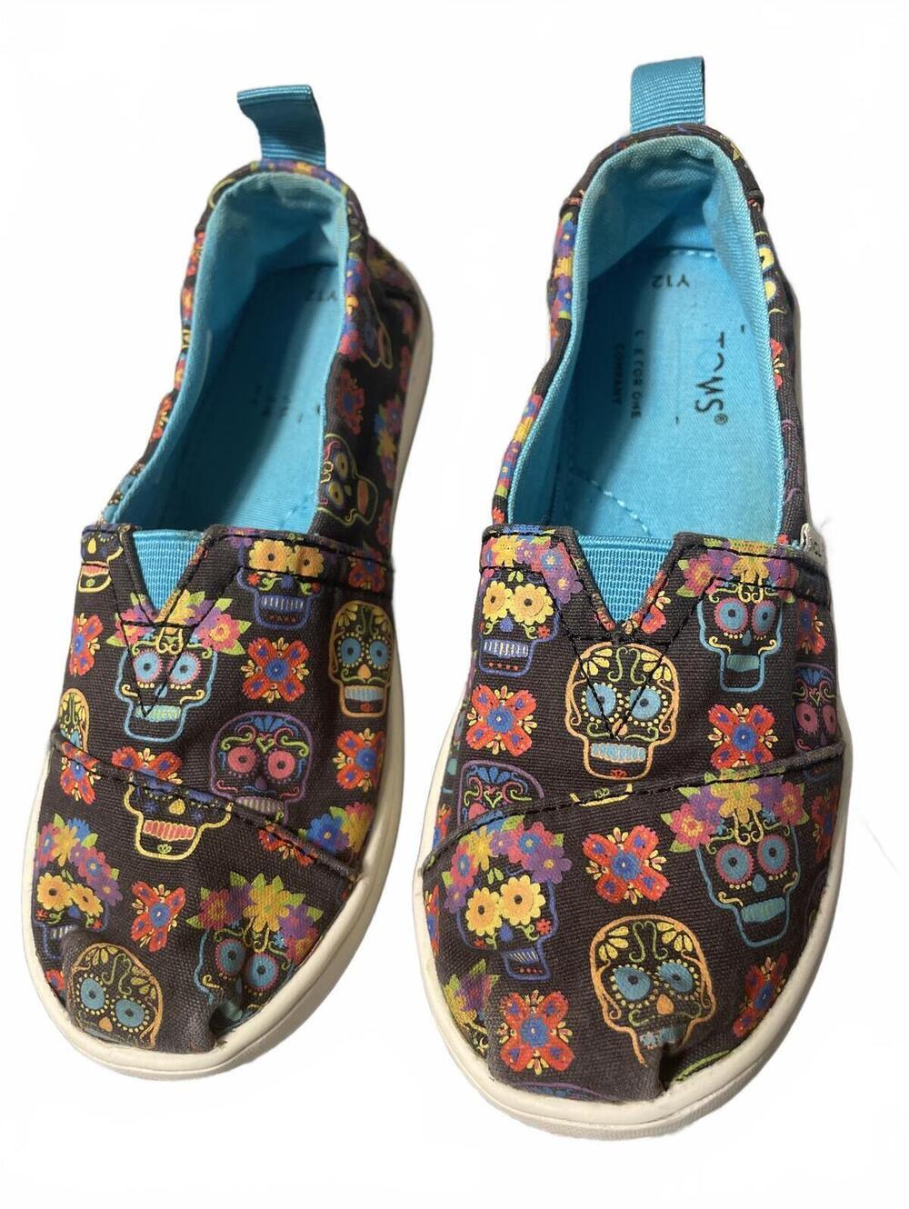 TOMS Kids Sugar Skull Print Slip On Shoes Girls Size 12 Black Colorful Casual - Picture 2 of 6